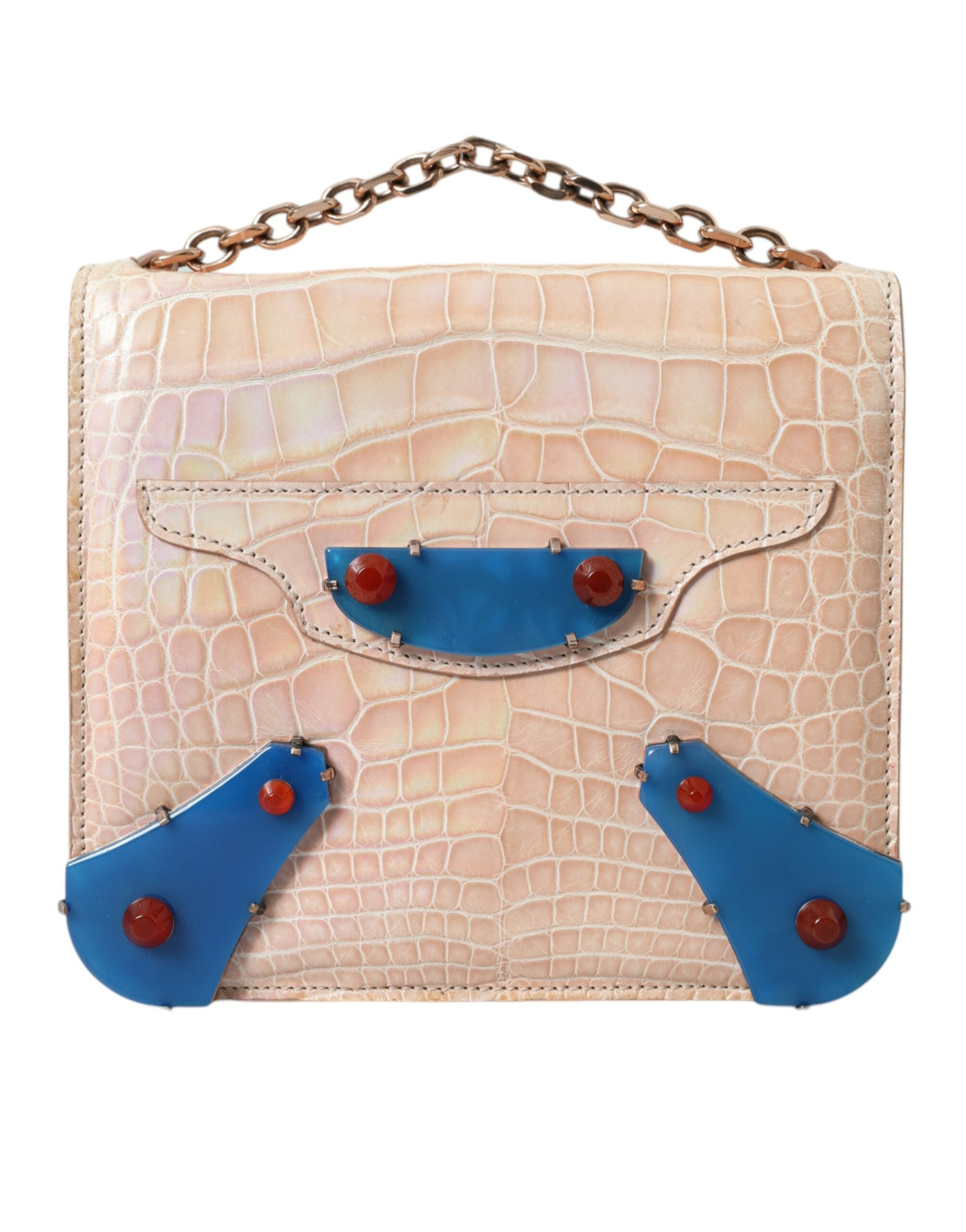 Balenciaga Beige Blue Agate Exotic Leather Gold Chain Wallet Bag